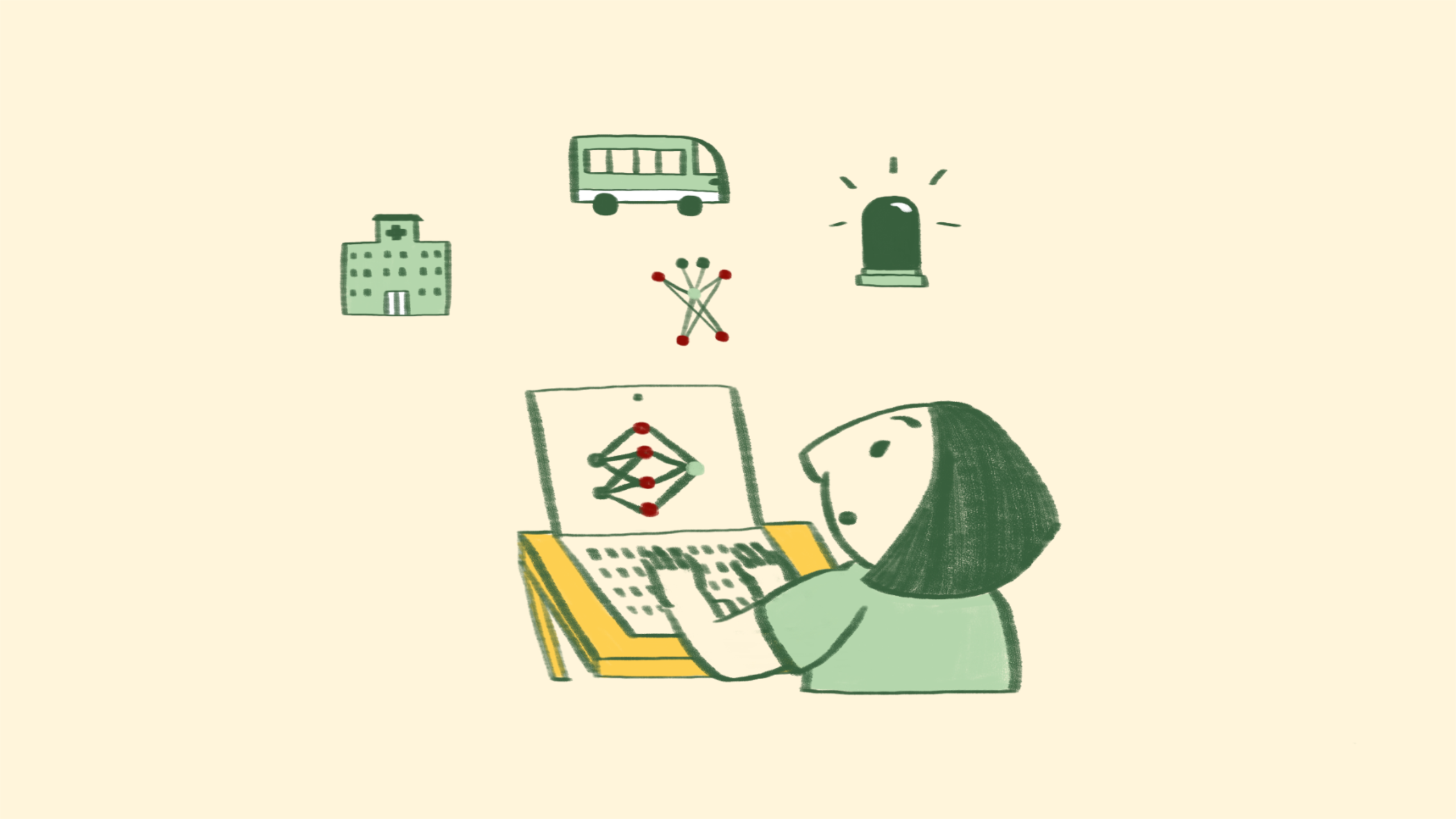 A data scientist had found that their work (the algorithm depicted on their laptop screen) has ‘jumped’ out of the screen and threatens to cause problems with a variety of different industries. Here a hospital, bus and siren could represent healthcare, transport and emergency services. The data scientist looks shocked and worried about what trouble the AI may cause there.